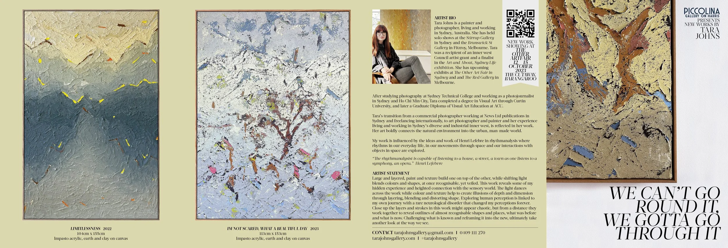 An art gallery display with two abstract paintings titled "Limitlessness 2022" and "In Not Scared, What a Beautiful Day 2023," featuring textured acrylic, earth, and clay on canvas. The display also includes an artist bio, statement, and contact information for Tara Johns, an artist and photographer.