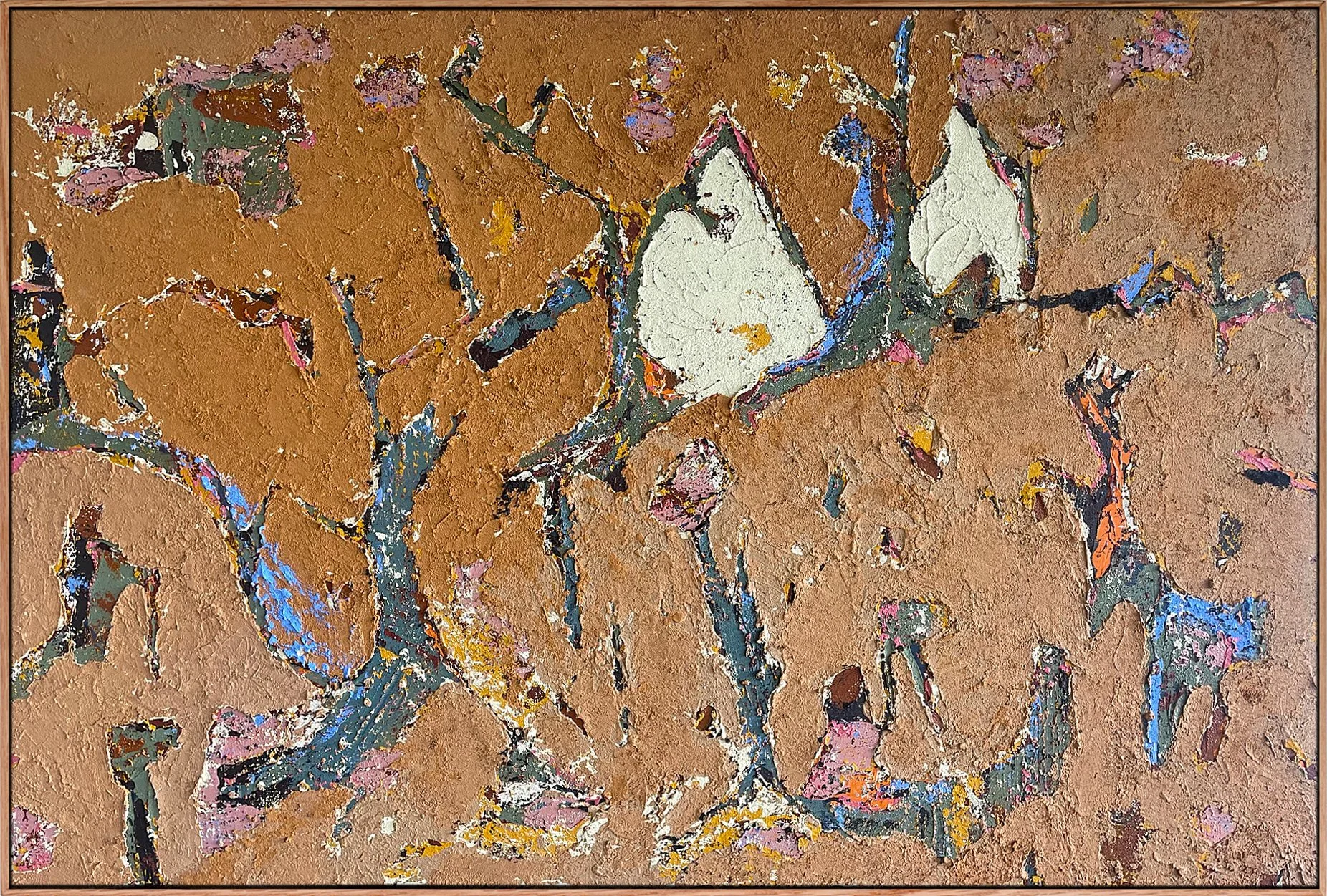 Abstract painting with a textured brown and blue background.