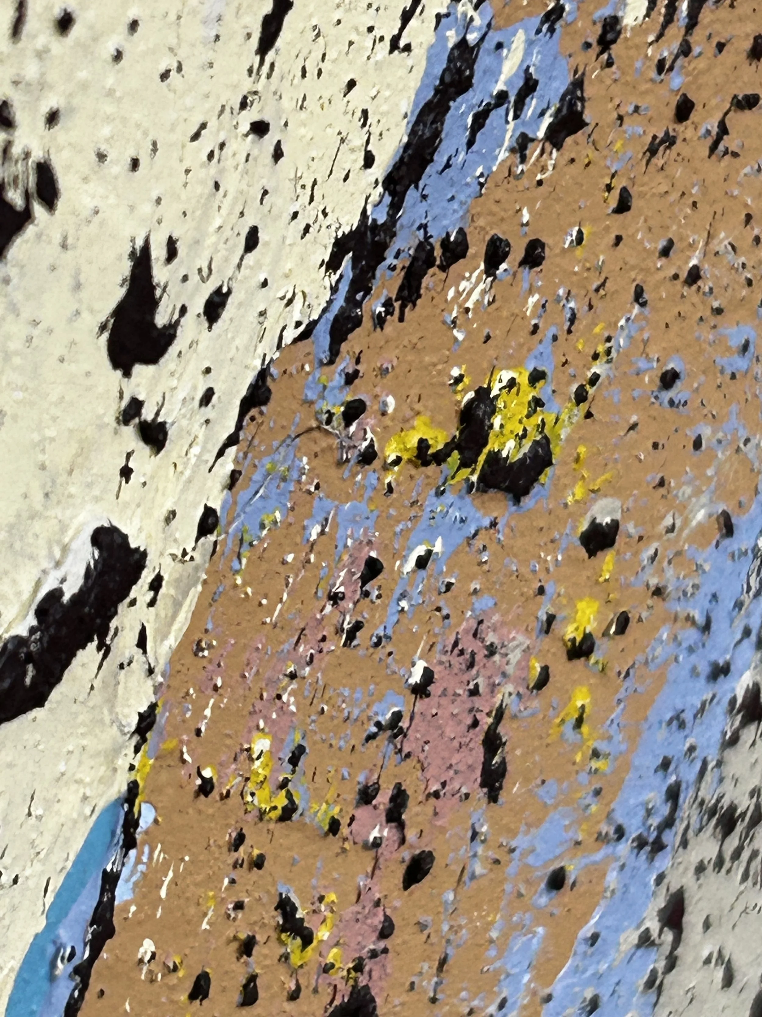 Close-up of textured, multicolored Tara Johns artwork.