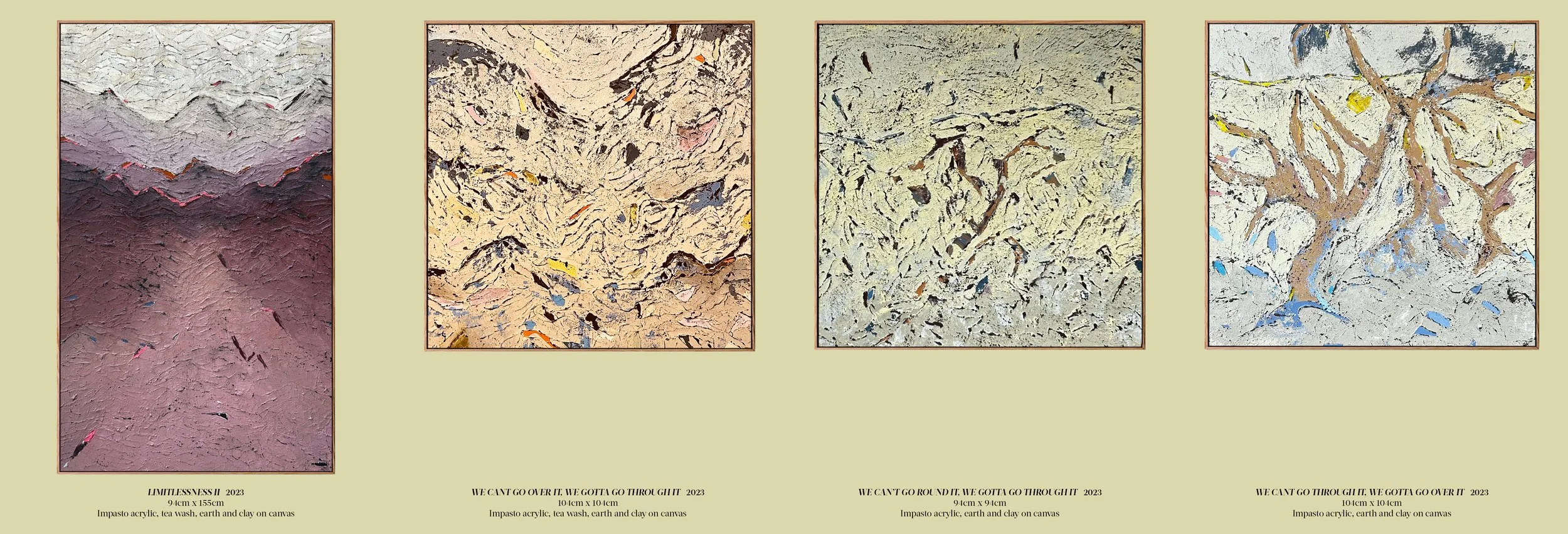 Four abstract paintings on a beige wall. The paintings have textured, earthy, and colorful patterns.