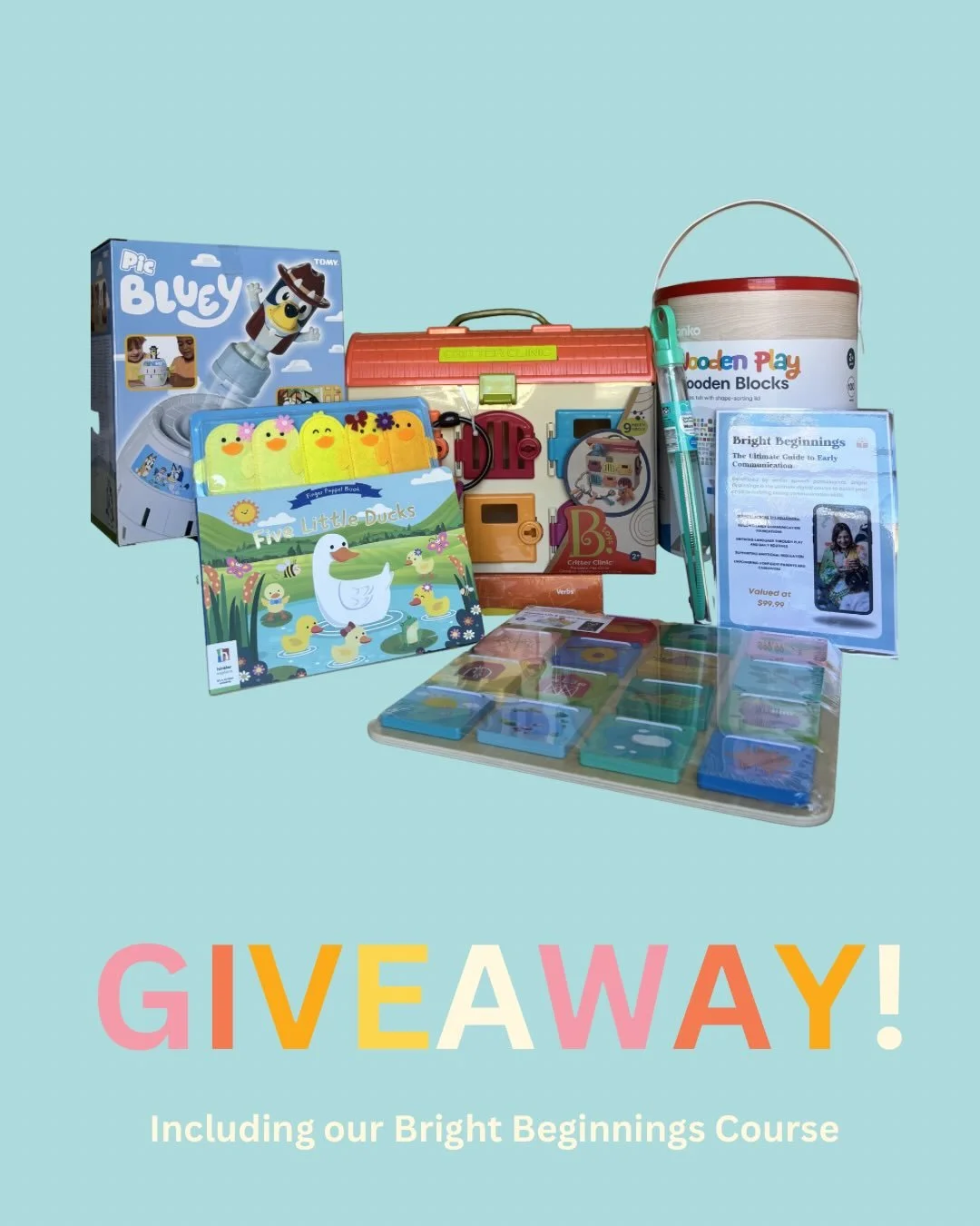 G I V E A W A Y ☀️

We are so excited to be giving away a beautiful bundle valued at over $200 to support early language development.

This giveaway includes: 💛 Our Bright Beginnings Course 💛 A Bluey pop up toy 💛 The Critic Clinic 💛 Five Little D