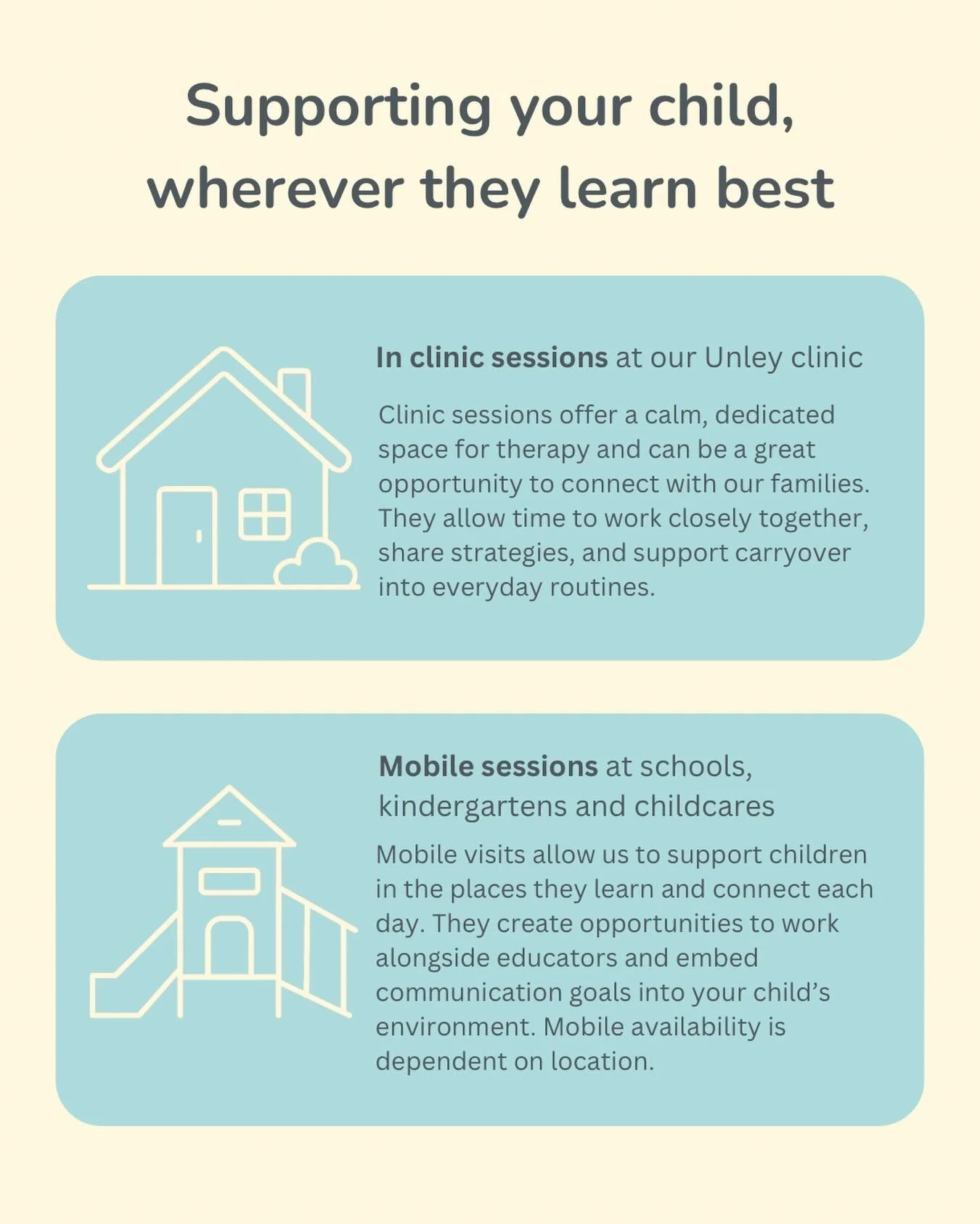 Every child&rsquo;s communication journey looks different, and the best therapy setting will depend on your child&rsquo;s individual goals and support needs.

During the initial assessment, we take the time to get to know your child and talk through 