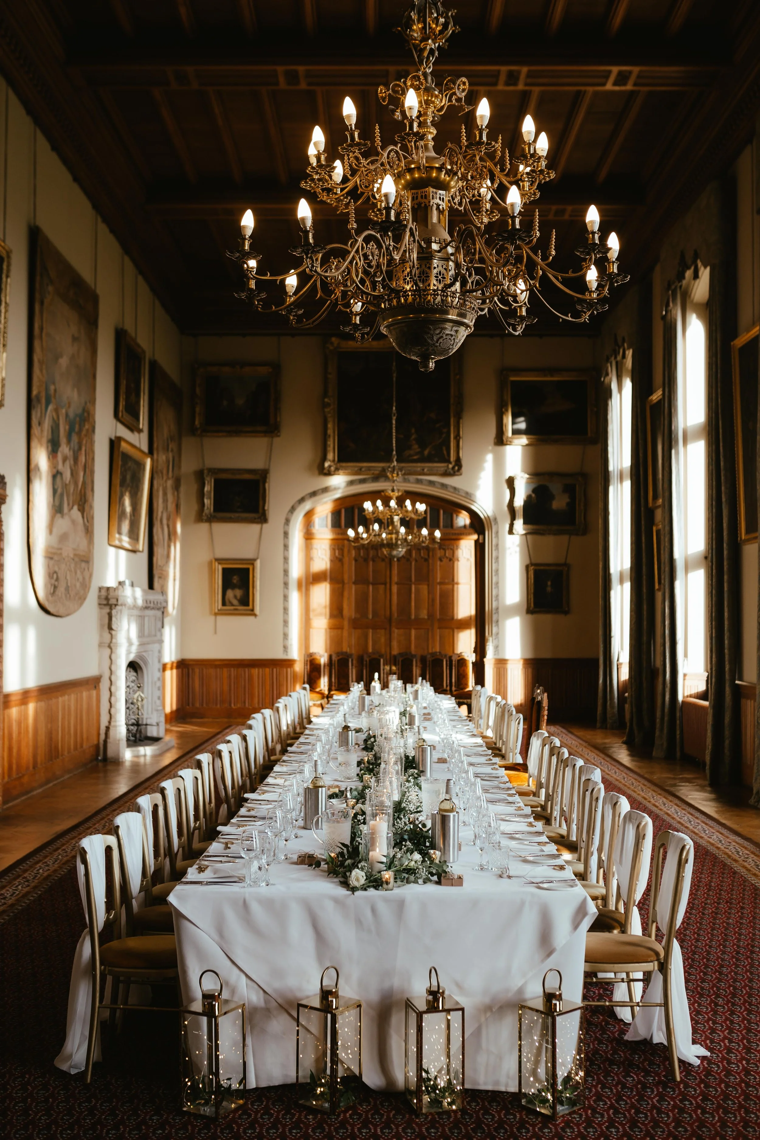 Banquet style wedding breakfast in Picture Gallery at Carlton Towers