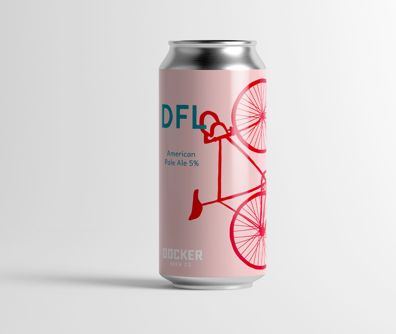 Docker Brew Co DFL beer can. Illustrated red bike on pick background