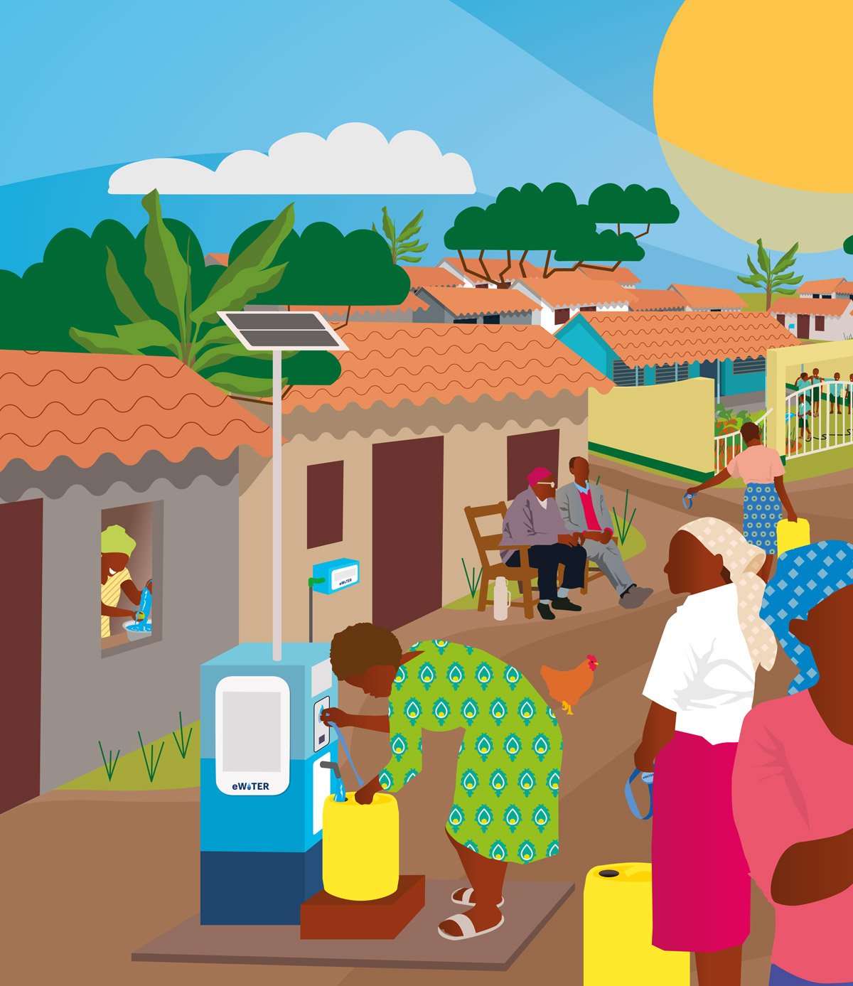 eWATER - hand-drawn illustration depicting life in a rural Kenyan village. A woman in a brightly coloured green dress is paying for water from a tap