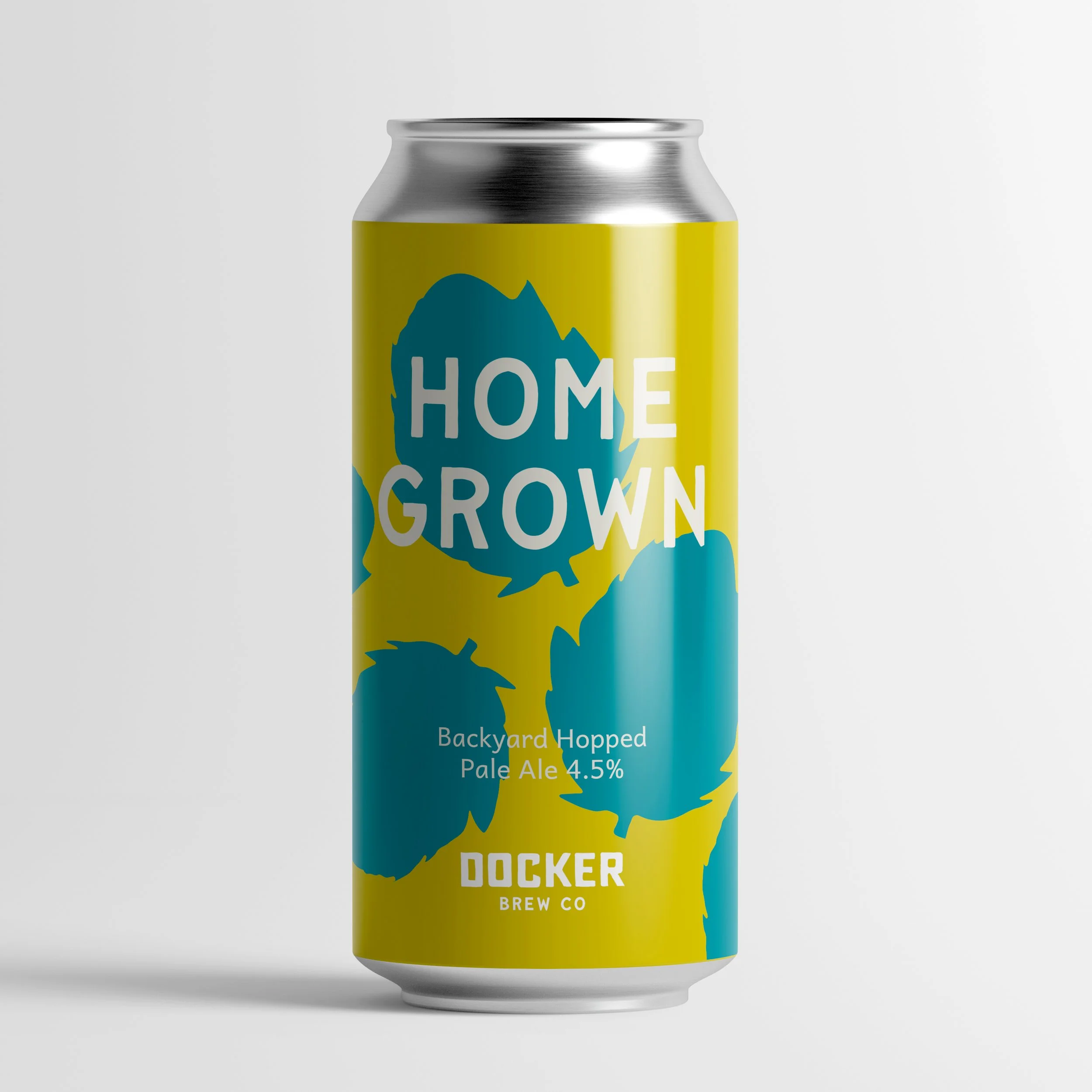Docker Brew Co Home Grown beer can design. Lime green background with bold teal coloured vector hop graphics