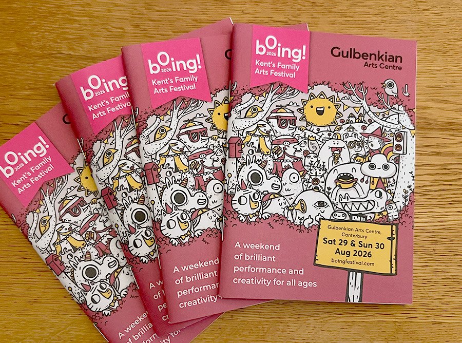 Collection of A6 brochures for bOing! Festival 2026. The covers have a dark pink background with a fun line illustration of quirky characters