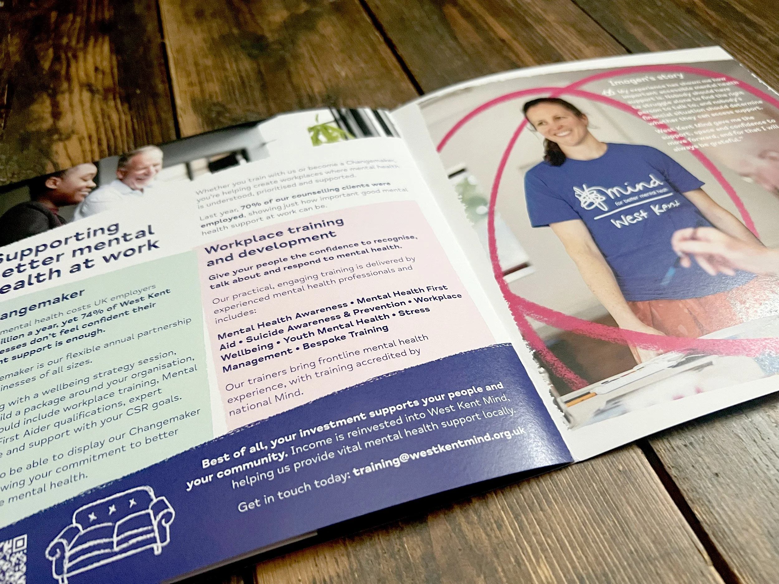 Double page spread of internal pages of 'We are West Kent Mind' promotional brochure