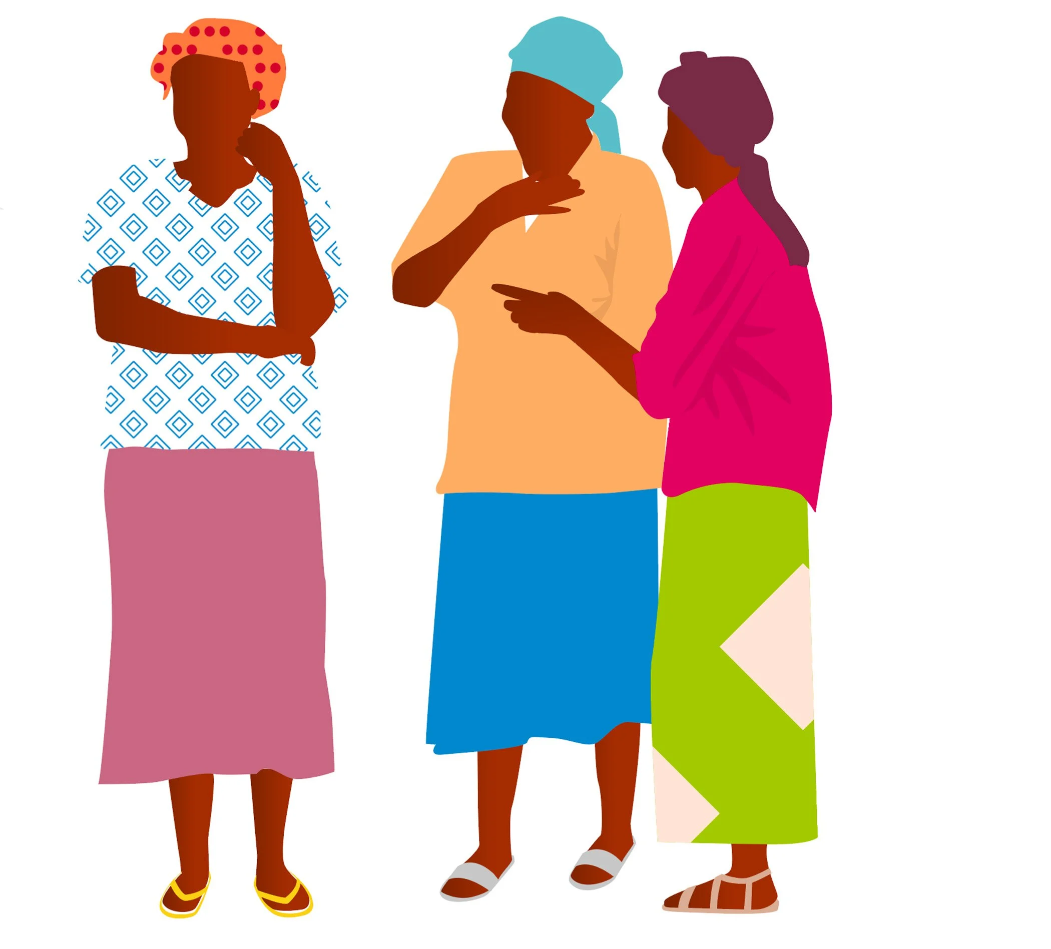eWATER - hand-drawn illustration depicting life in a rural Kenyan village. A group of women are standing talking to one another.