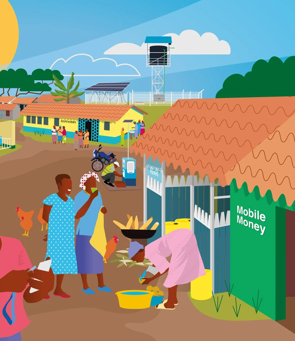 eWATER - hand-drawn illustration depicting life in a rural Kenyan village. Women in brightly coloured clothes are talking to another woman who is washing fruit in a bowl of water