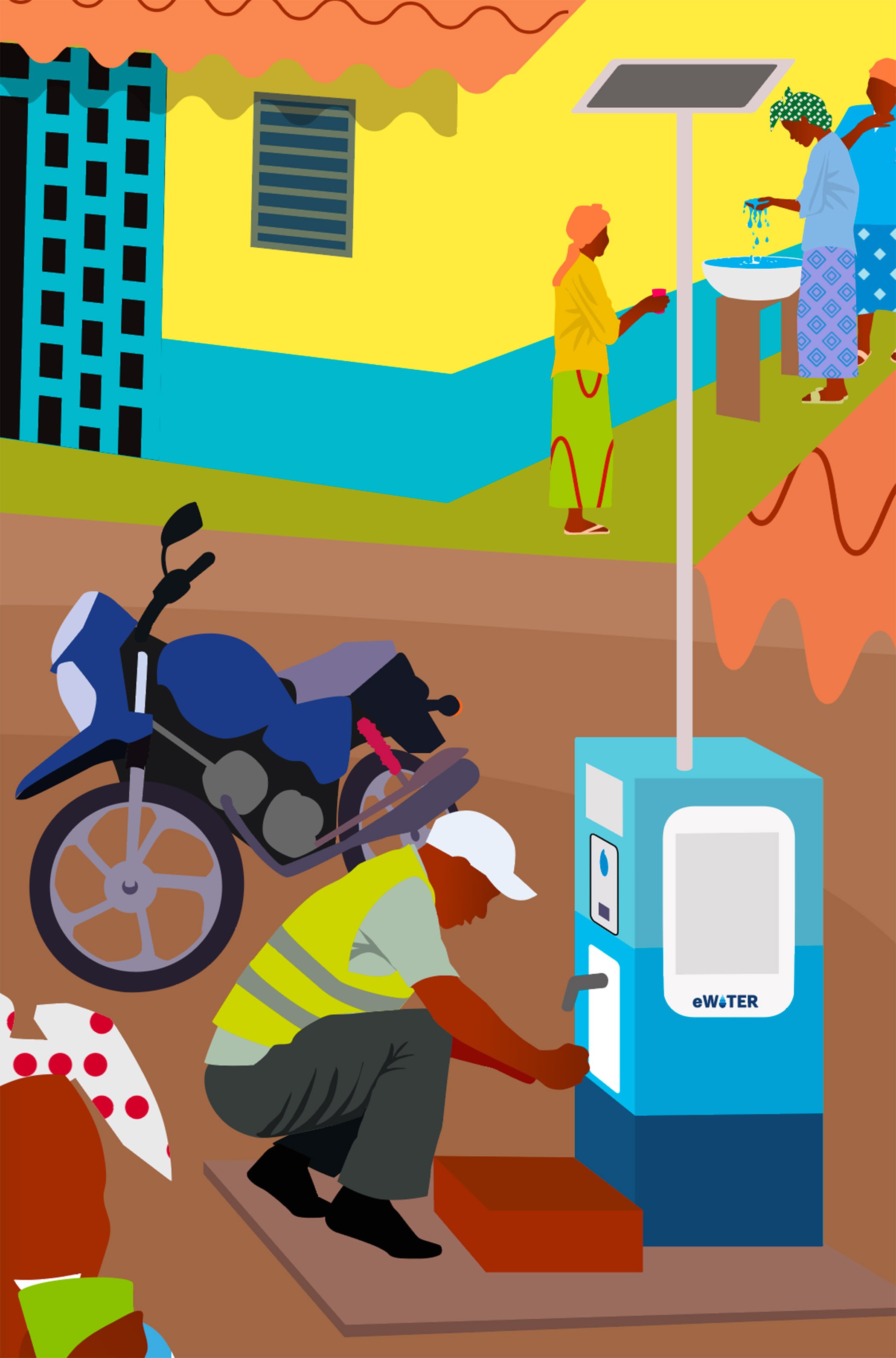 eWATER - hand-drawn illustration depicting life in a rural Kenyan village. An engineer has arrived by motorbike to repair the solar-powered eWATER tap. 24/7 monitoring means the pipes and taps are fixed quickly.