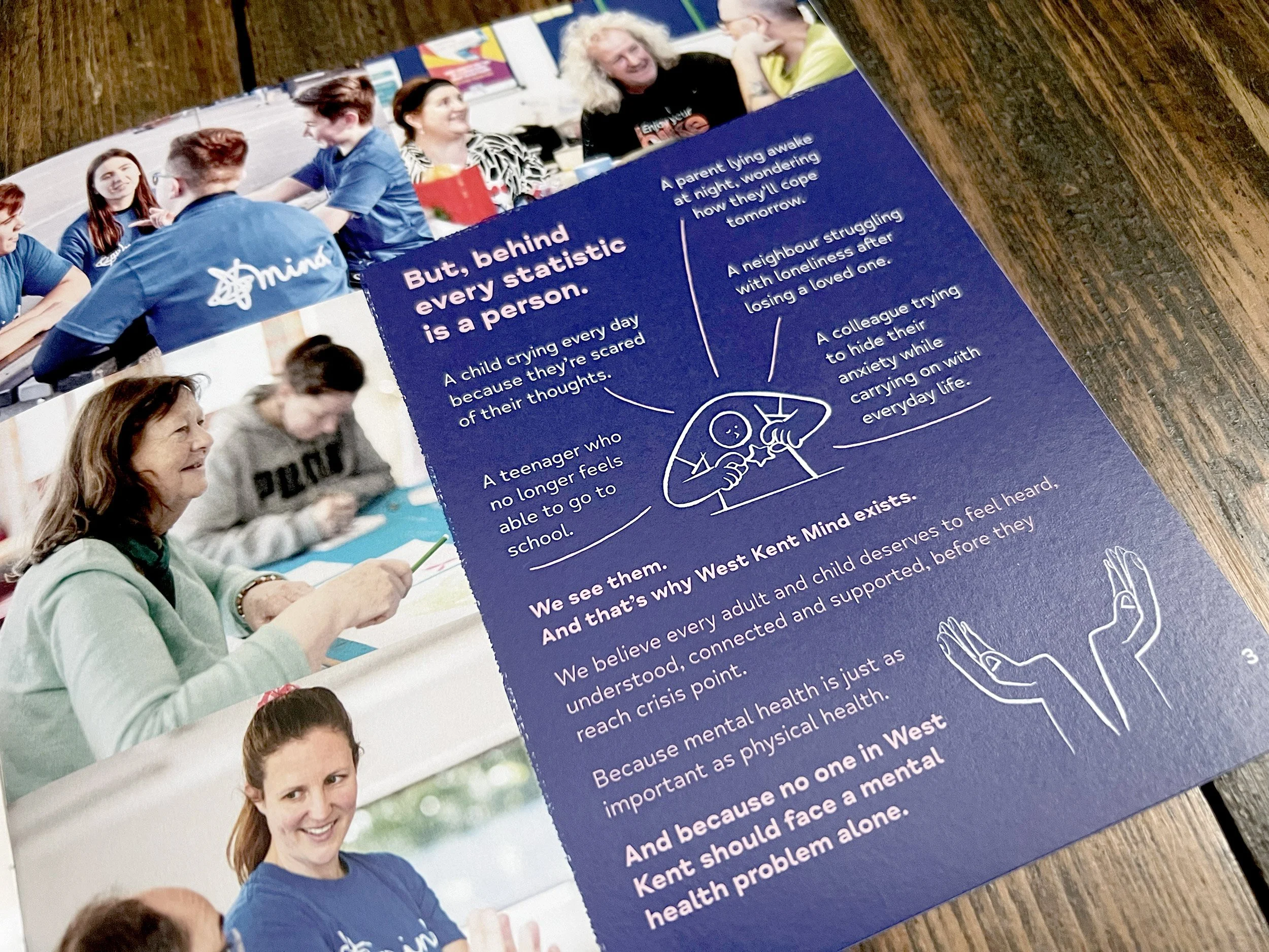 Inner page of the 'We are West Kent Mind' brochure, showing lots of photographs of people engaging in art or chatting. Some of the page has a blue background with text overlaid.