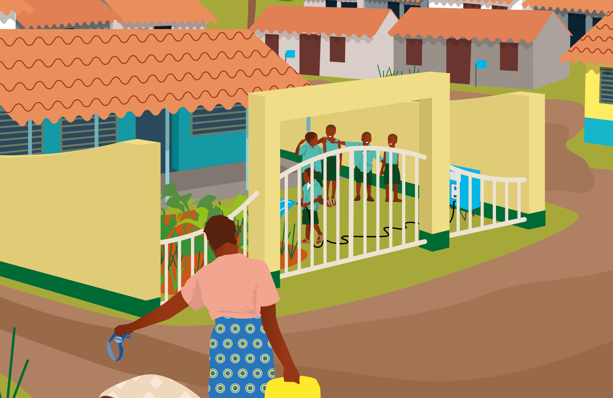 eWATER - hand-drawn illustration depicting life in a rural Kenyan village. Children are playing in the yard of a typical Kenyan school, where there is a vegetable garden they can water with their clean water.