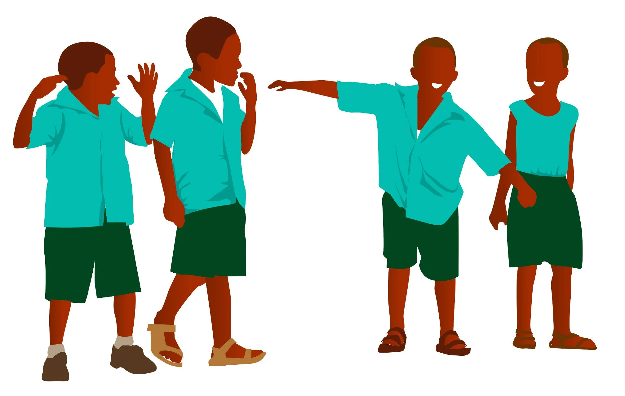 eWATER - hand-drawn illustration depicting life in a rural Kenyan village. Primary school children in school uniform are talking animatedly