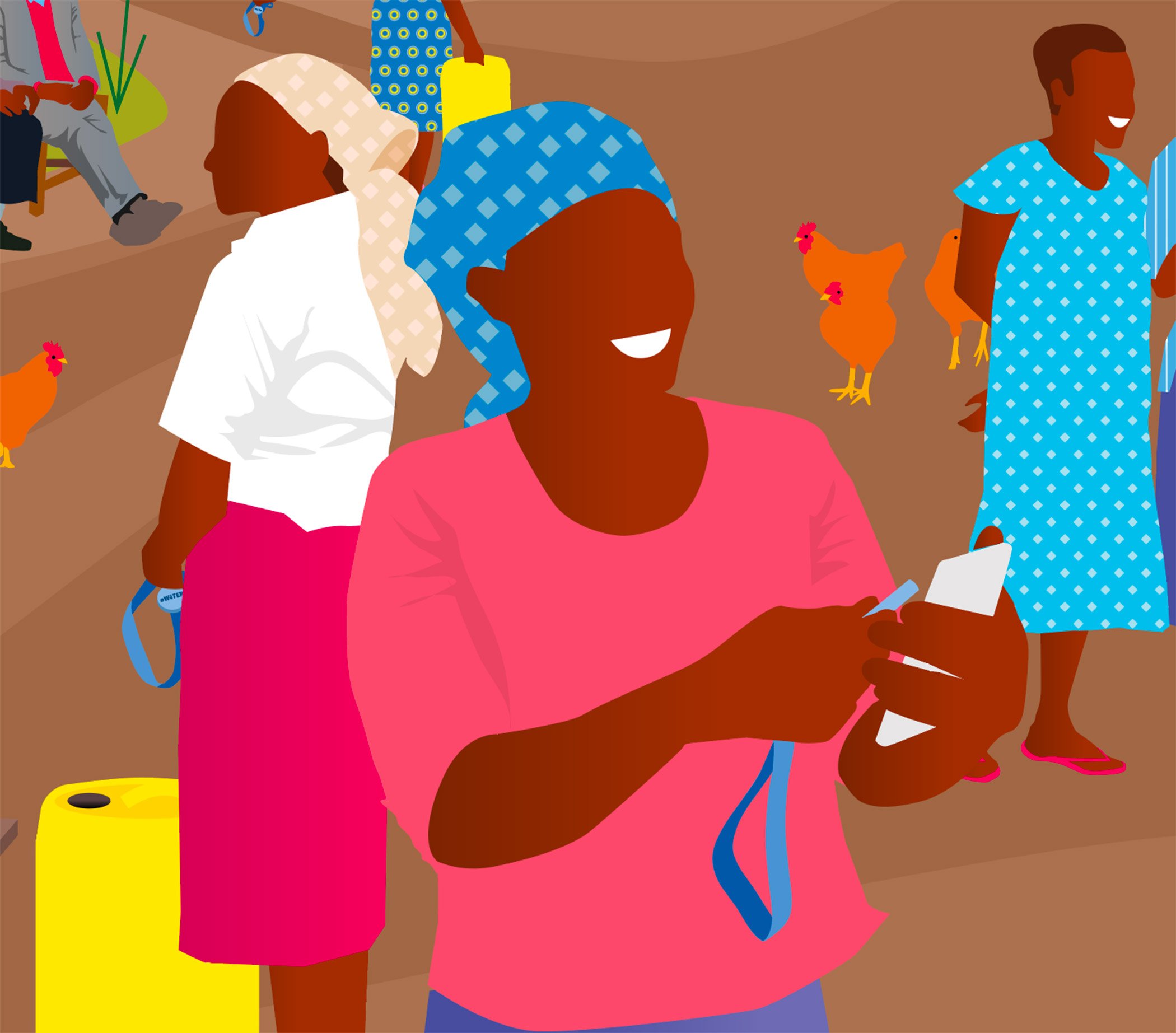 eWATER - hand-drawn illustration depicting life in a rural Kenyan village. A woman in a brightly coloured outfit is using her mobile to add credit to her eWATER tag, so she can pay for clean water.