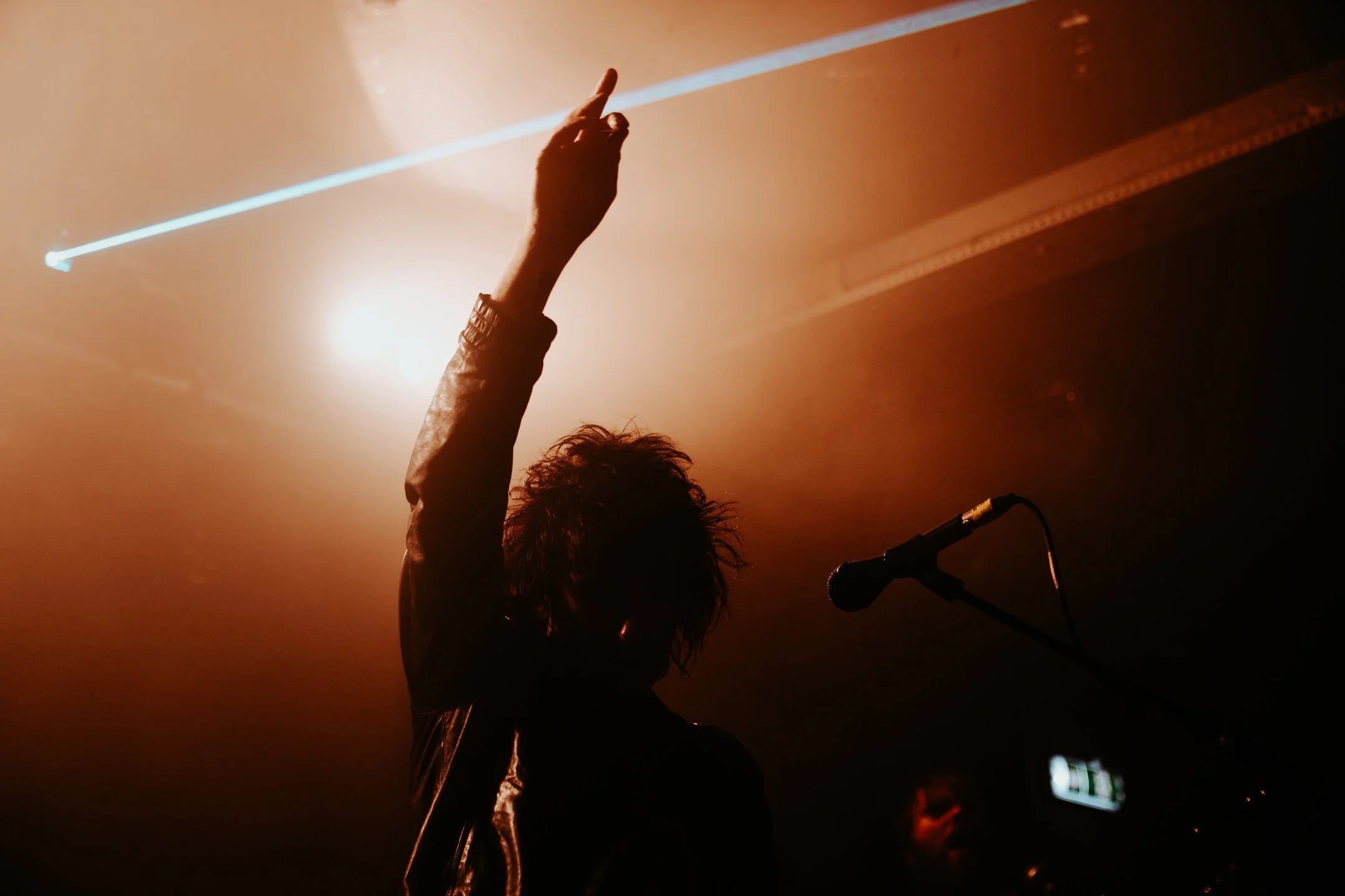 Silhouetted musician on stage raising a hand, with a microphone in front and warm stage lighting.