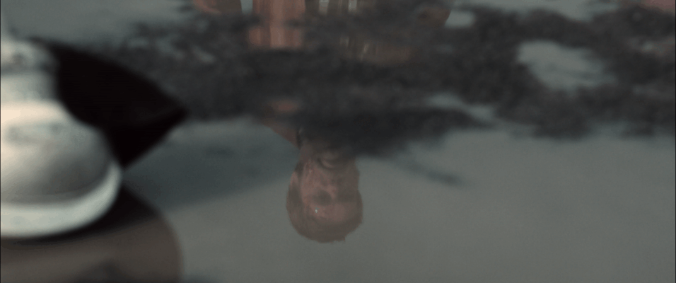 A person's reflection in a shiny, metallic surface, showing their face and hair. The surface appears to be a car or similar object.