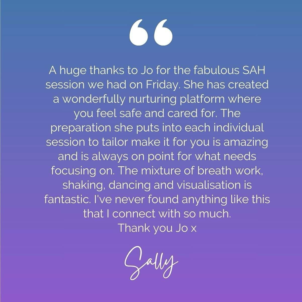 🌟 Sharing some heartfelt words from the lovely Sally about her recent SAH session with me.🌟 

&ldquo;A huge thanks to Jo for the fabulous SAH session we had on Friday. She has created a wonderfully nurturing platform where you feel safe and cared f