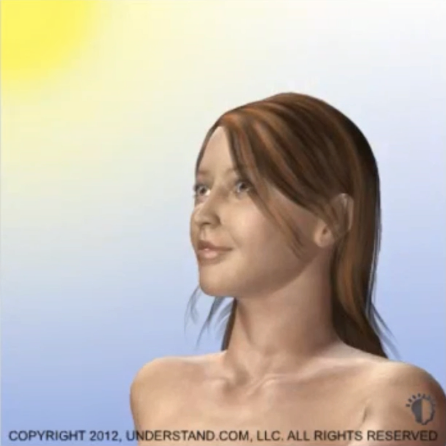 Digital rendering of a woman with long, reddish-brown hair, shown from the shoulders up, looking slightly upward and smiling softly, against a light gradient background.