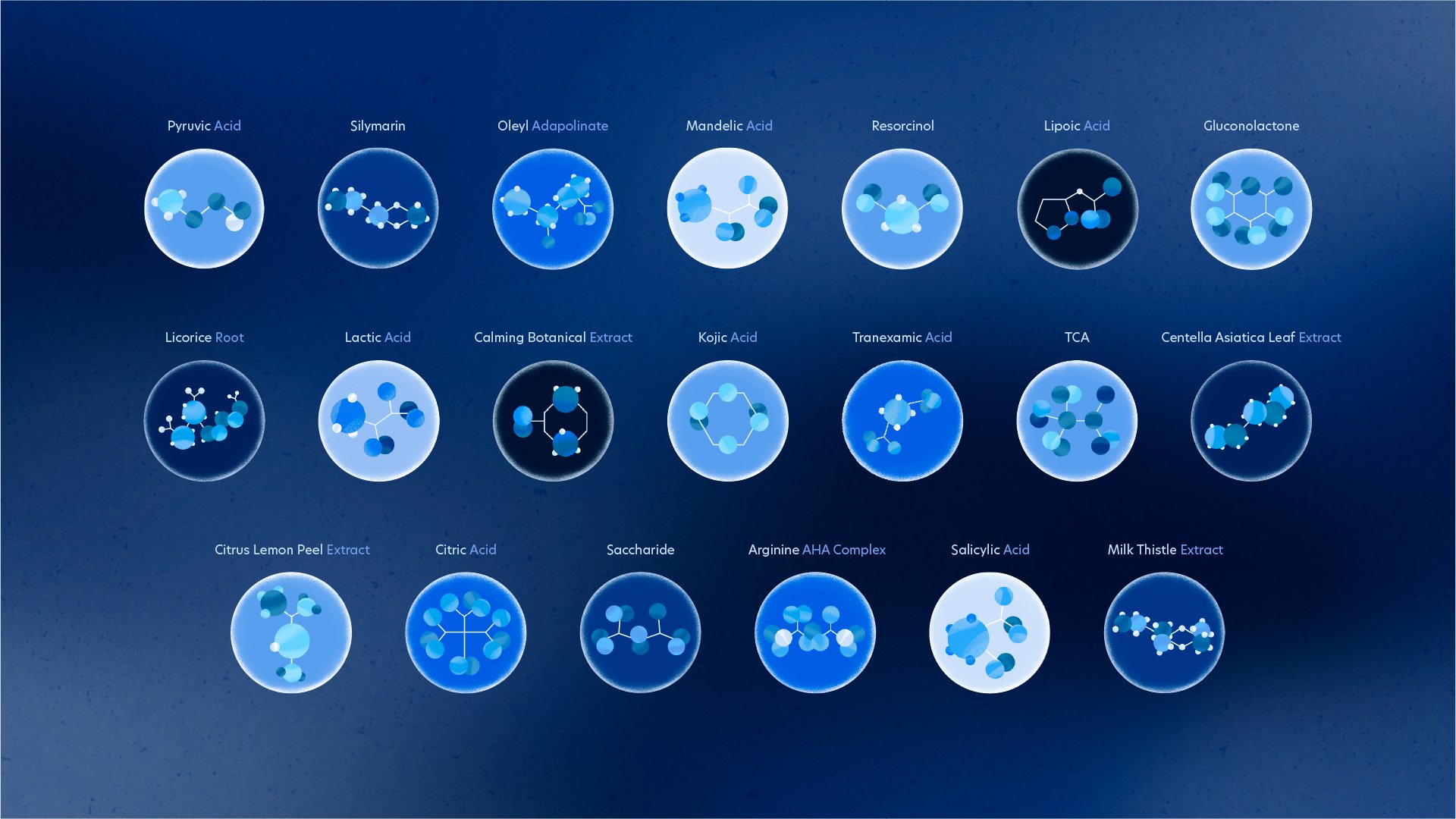 A digital infographic displaying various molecular structures with labels, including Pyruvic Acid, Silymarin, Oleyl Adipolate, Mandelic Acid, Resorcinol, Lipoic Acid, Gluconolactone, Licorice Root, Lactic Acid, Calming Botanical Extract, Kojic Acid, Tranexamic Acid, TCA, Centella Asiatica Leaf Extract, Citrus Lemon Peel Extract, Citric Acid, Saccharide, Arginine AHA Complex, Salicylic Acid, and Milk Thistle Extract.