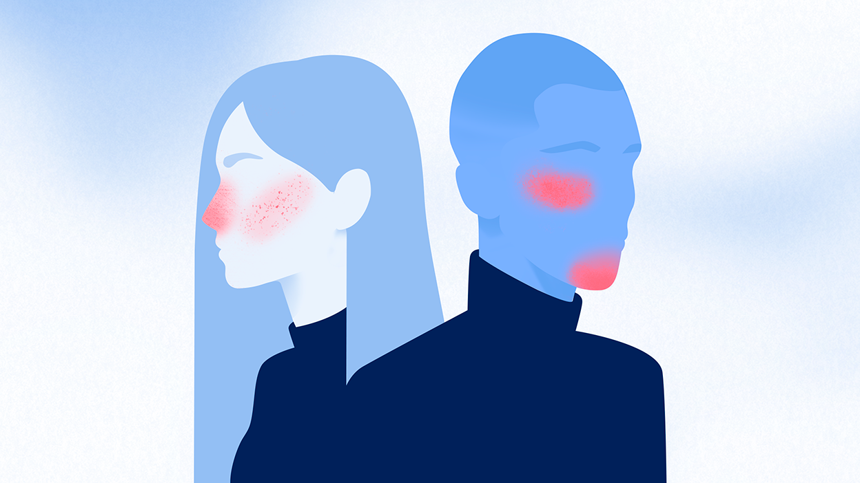 Illustration of a woman and a man with redness around their cheeks and jaws, indicating irritation or rash.