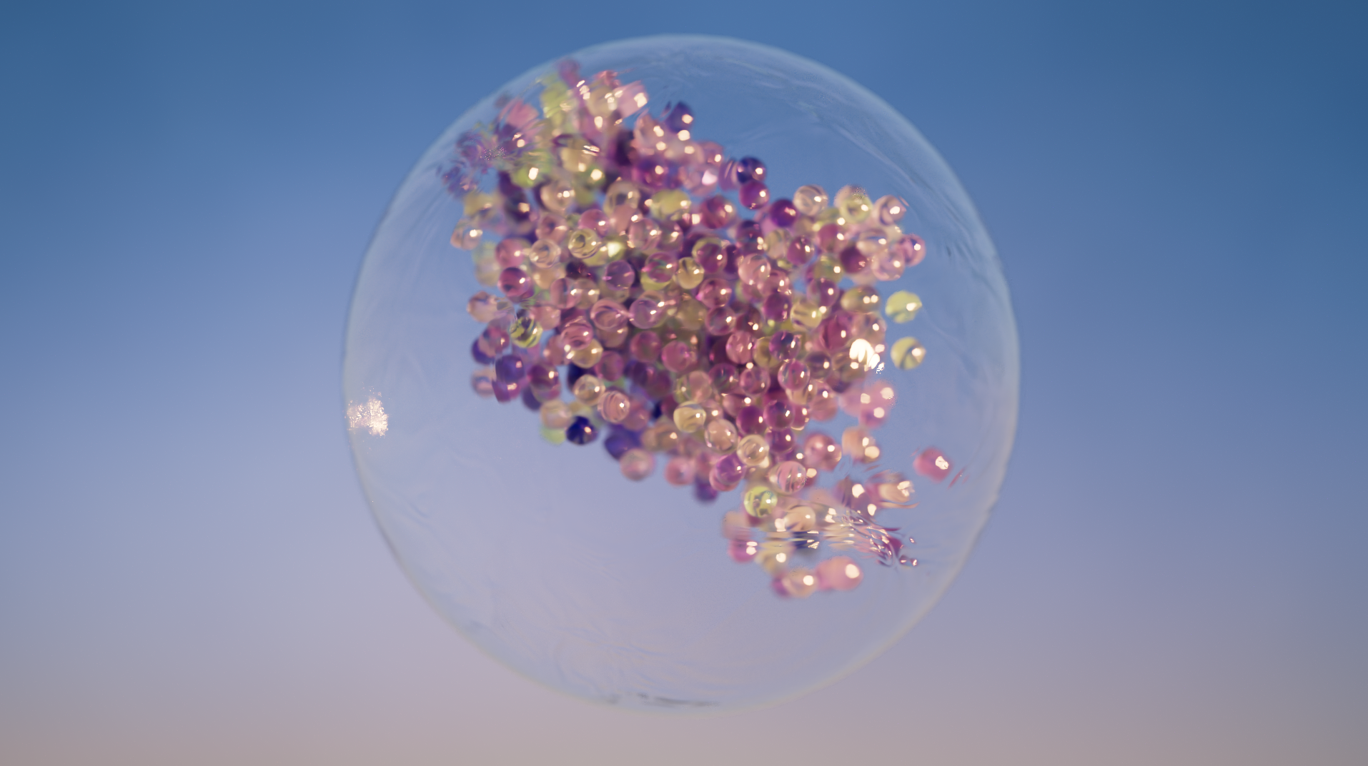 A cluster of small, colorful beads inside a transparent bubble against a gradient blue background.