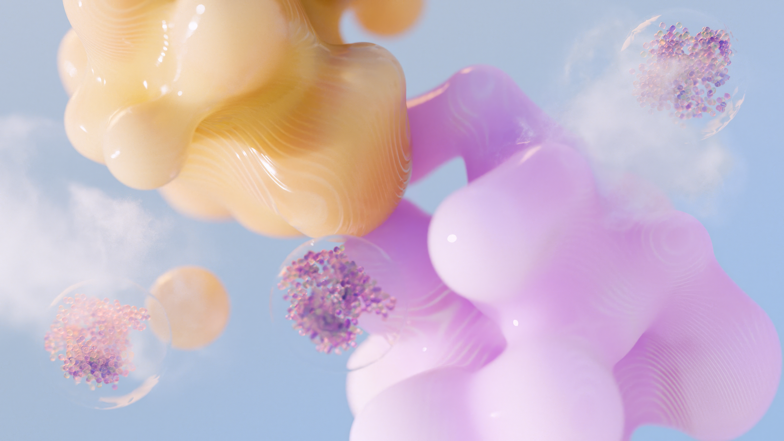 Abstract 3D shapes in yellow and pink with floating translucent spheres on a blue background.