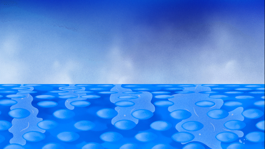 A digital illustration of a large, flat body of water with numerous bubbles on the surface, under a partly cloudy sky.