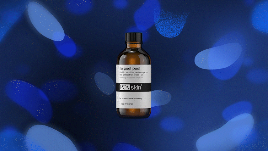 A brown bottle of PCA skin No Peel Peel with a white label and black cap, floating against a blue bokeh background.