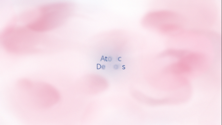 A pink and white abstract background with small, scattered blue text or symbols