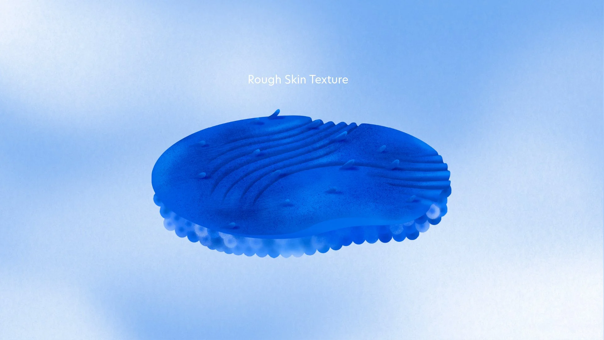 Close-up of a blue object resembling a shell with ridges and bumps on a light background, with the text 'Rough Skin Texture' centered above it.