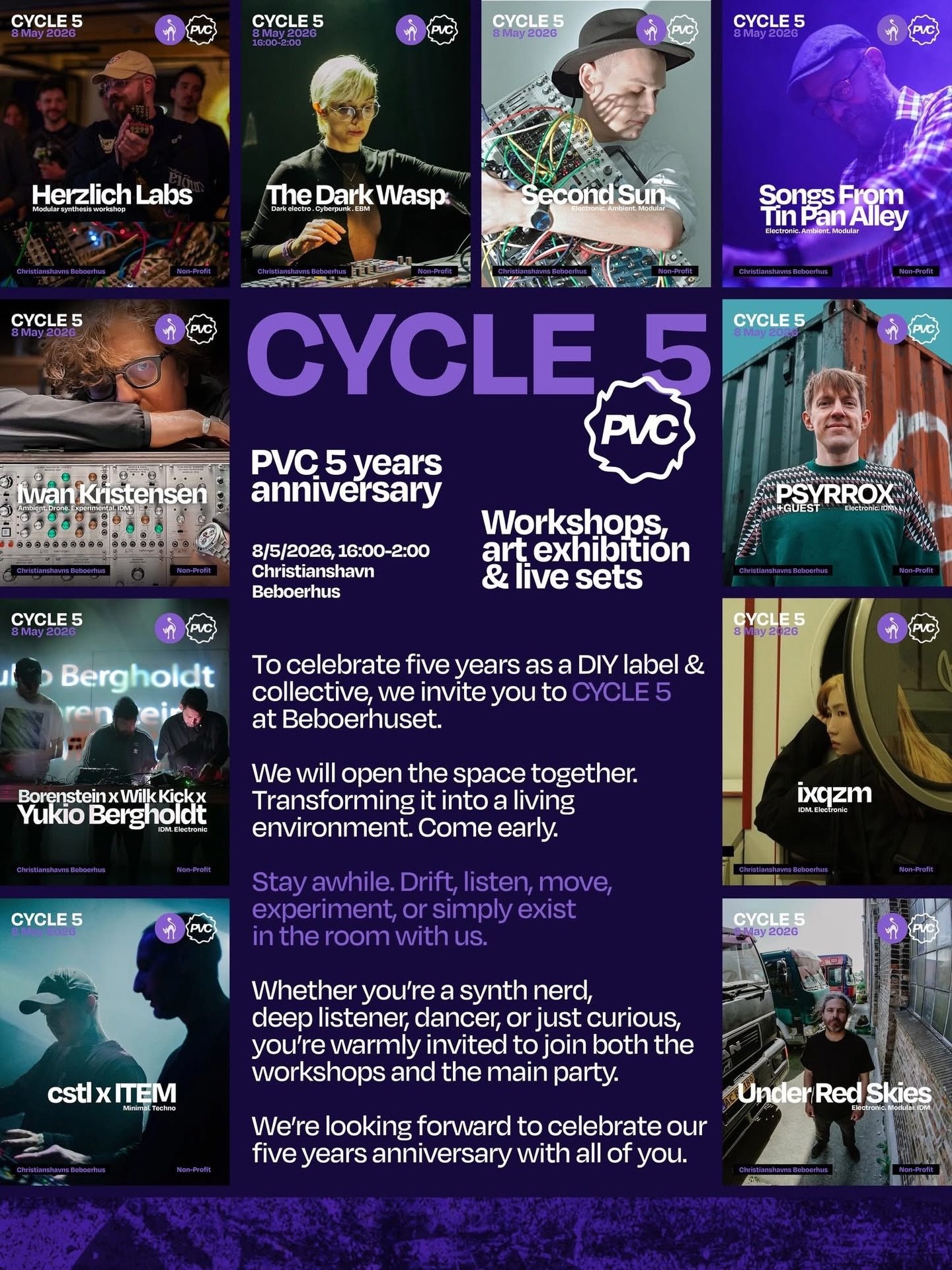 Copenhagen friends, this Friday, we&rsquo;re celebrating PVC&rsquo;s 5 years as a DIY label and collective. You&rsquo;re invited to CYCLE 5 at @beboerhuset for a unique event. 

A full day of open jam tables, modular workshops and live performances. 