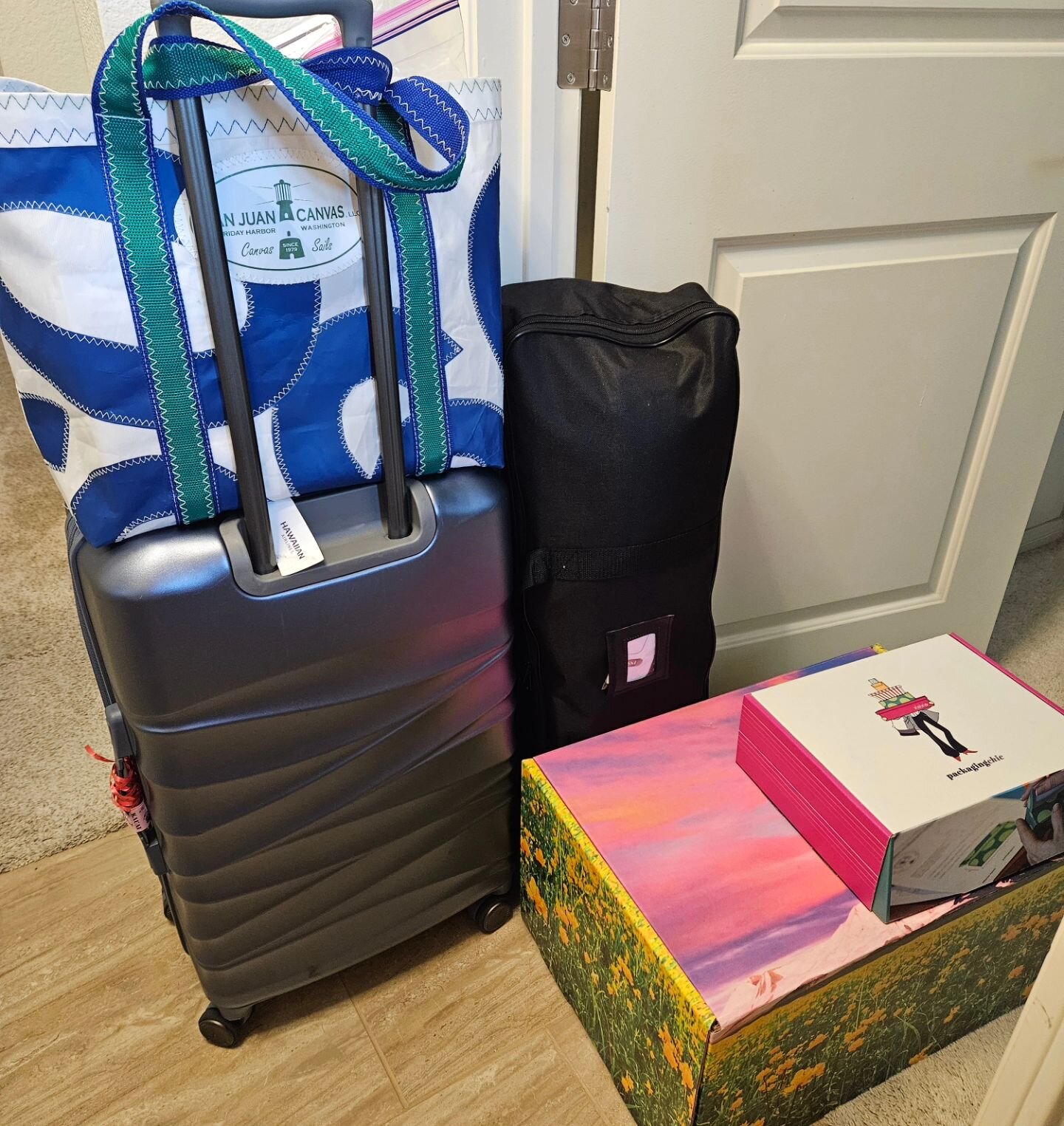 Ready to go! 
Booth stuff: giveaways, samples, and supplies!
✅️ Big suitcase filled with chocolate 
✅️ Branded ceramic fragrance tiles
✅️ Influencer Box samples
✅️ Printed samples of my work
✅️ My best selling book
✅️ Booth backdrop

Heading to LA fo