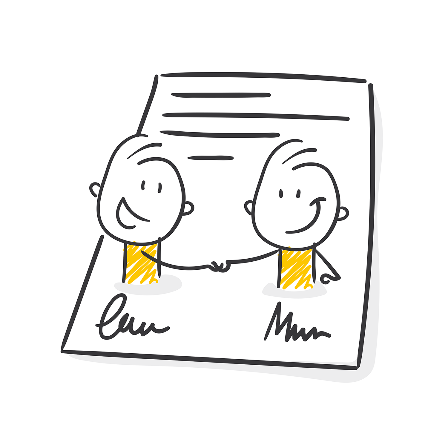 Grafil mit zwei Strichmännchen, die den Vertrag einer Mediation bei Silvia Schäfer Coaching unterzeichnen und mit Handschlag besiegeln