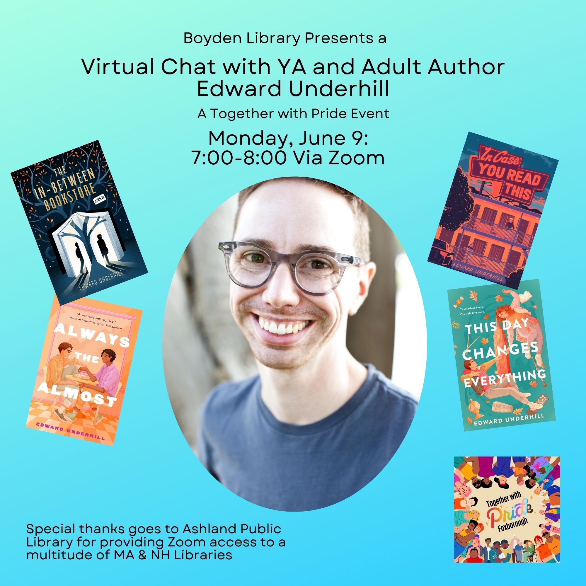 Join us next Monday at 7pm for a virtual chat with YA and Adult Author Edward Underhill! 

Transgender YA and now Adult author Edward Underhill will be joining the Boyden Library, Foxborough (in collaboration with a multitude of MA &amp; NH libraries