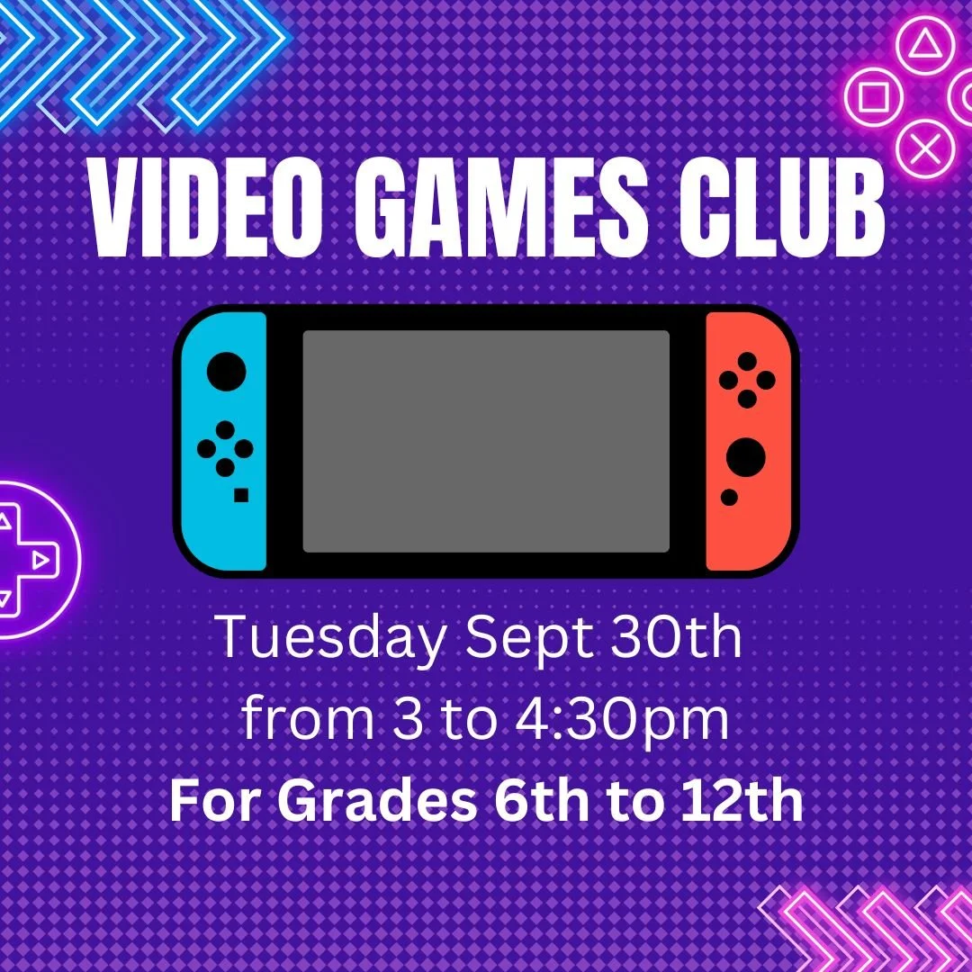 Video Games Club is tomorrow! Join us for switch games and snacks! Every month we will select from a group of switch games to play together ranging from Mariokart to Cuphead. If there's a special game you wish to see on the list be sure to tell Brook