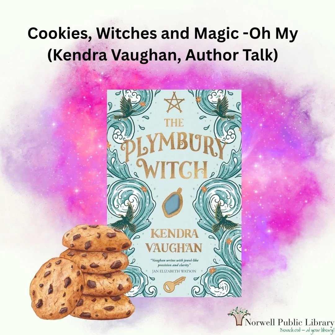 Join us tomorrow for an author talk and book signing by Kendra Vaughan, author of &quot;The Plymbury Witch&quot;! This event will run from 6:30 to 7:30 PM, the book will be available for purchase and signing after the talk, and yes - there will be co