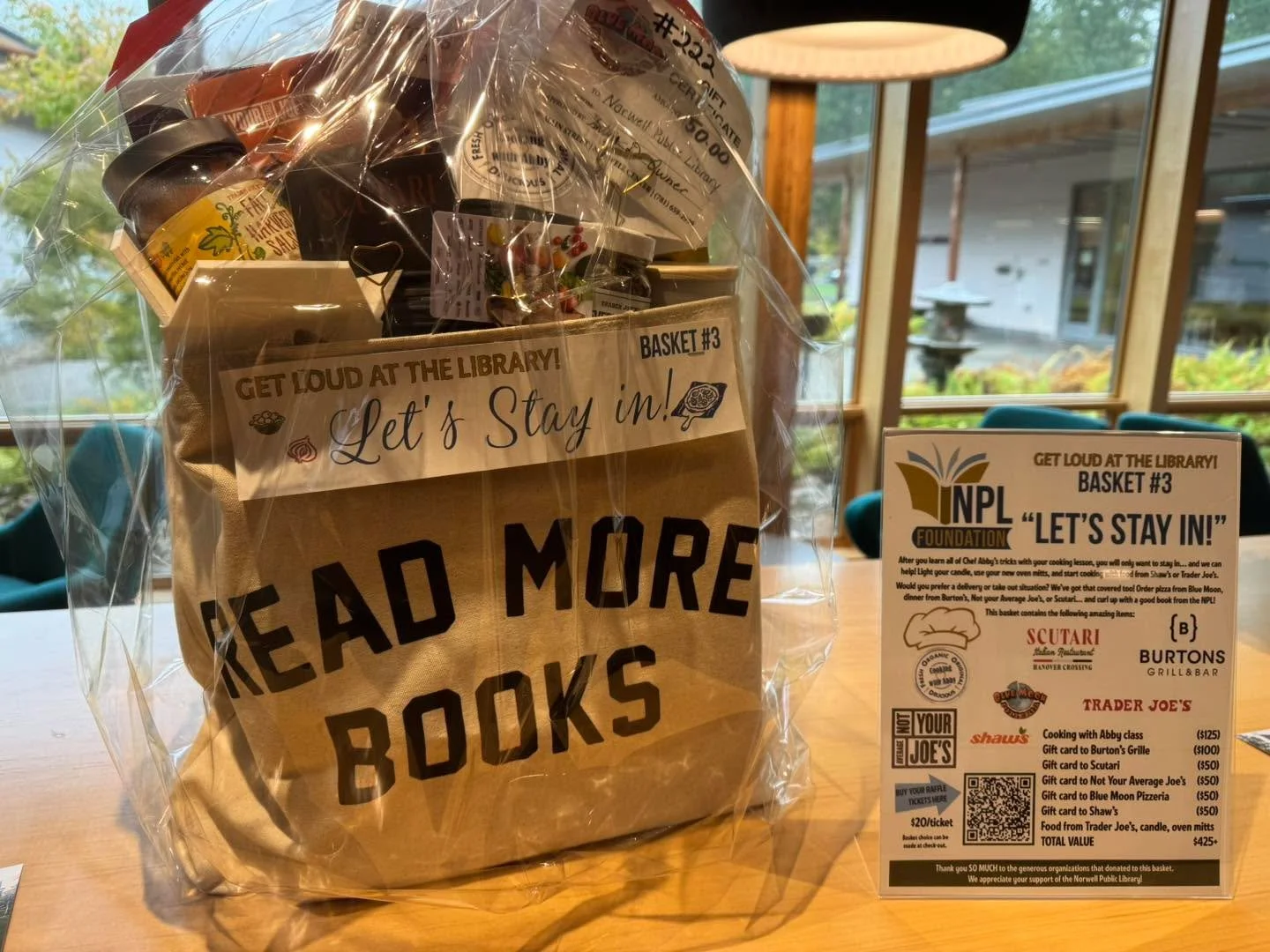 NPLFoundation  has 5 cool raffle baskets on display at NPL buy tix https://www.nplfoundation.org/get-loud-at-the-library/event-one-ymcll