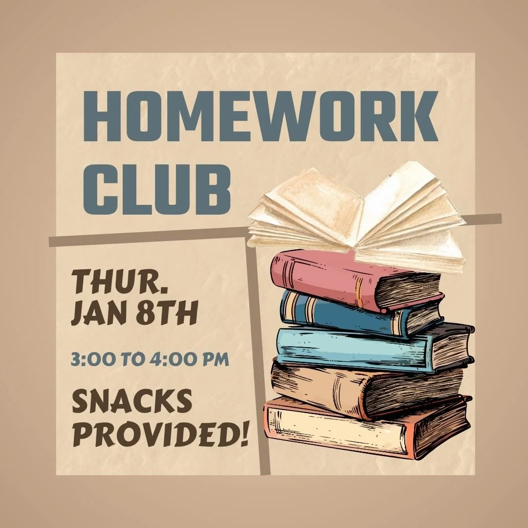 Join us tomorrow to sit and work on your homework, snacks and water will be provided! Usually this club meets on the first Thursday of each month.

This program is for Grades 6 through 12. 

Please be sure to register by going to our website under Pr