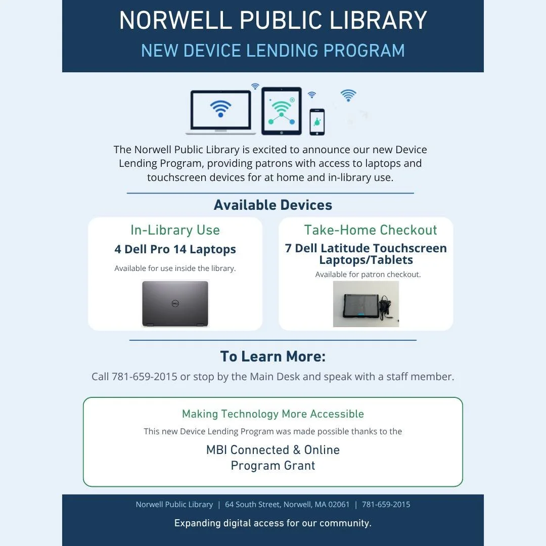 NPL is excited to announce its new Device Lending Program! We now have 4 Dell Pro 14 Laptops available for in-library use and 7 Dell Latitude Touch Screen Laptops available for take-home checkout. Call the library or visit us at the Main Desk to lear