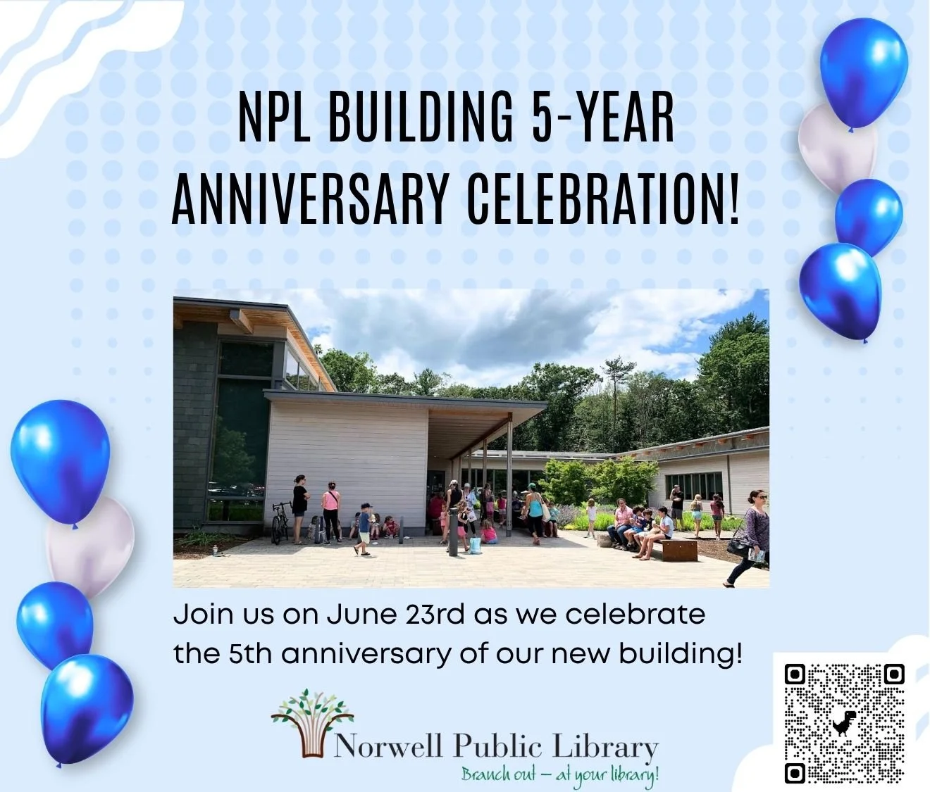 @NPL Building 5-Year Anniversary Celebration!
Tuesday, June 23rd, 3:30&mdash;4:30 PM

oin us as we celebrate the 5th anniversary of our new building!

Yes, there will be cake! Enjoy a special highlights video from NSTV playing throughout the event, a