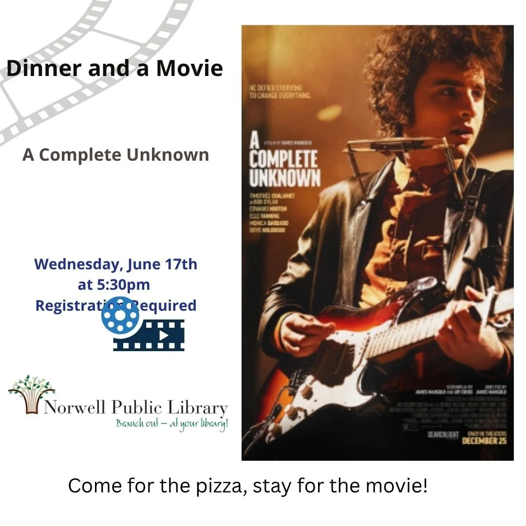 Dinner and a Movie: A Complete Unknown
Wednesday, June 17th, 5:30&mdash;8:15 PM

In 1961, an unknown 19-year-old Bob Dylan arrives in New York City with his guitar and forges relationships with musical icons on his meteoric rise, culminating in a gro