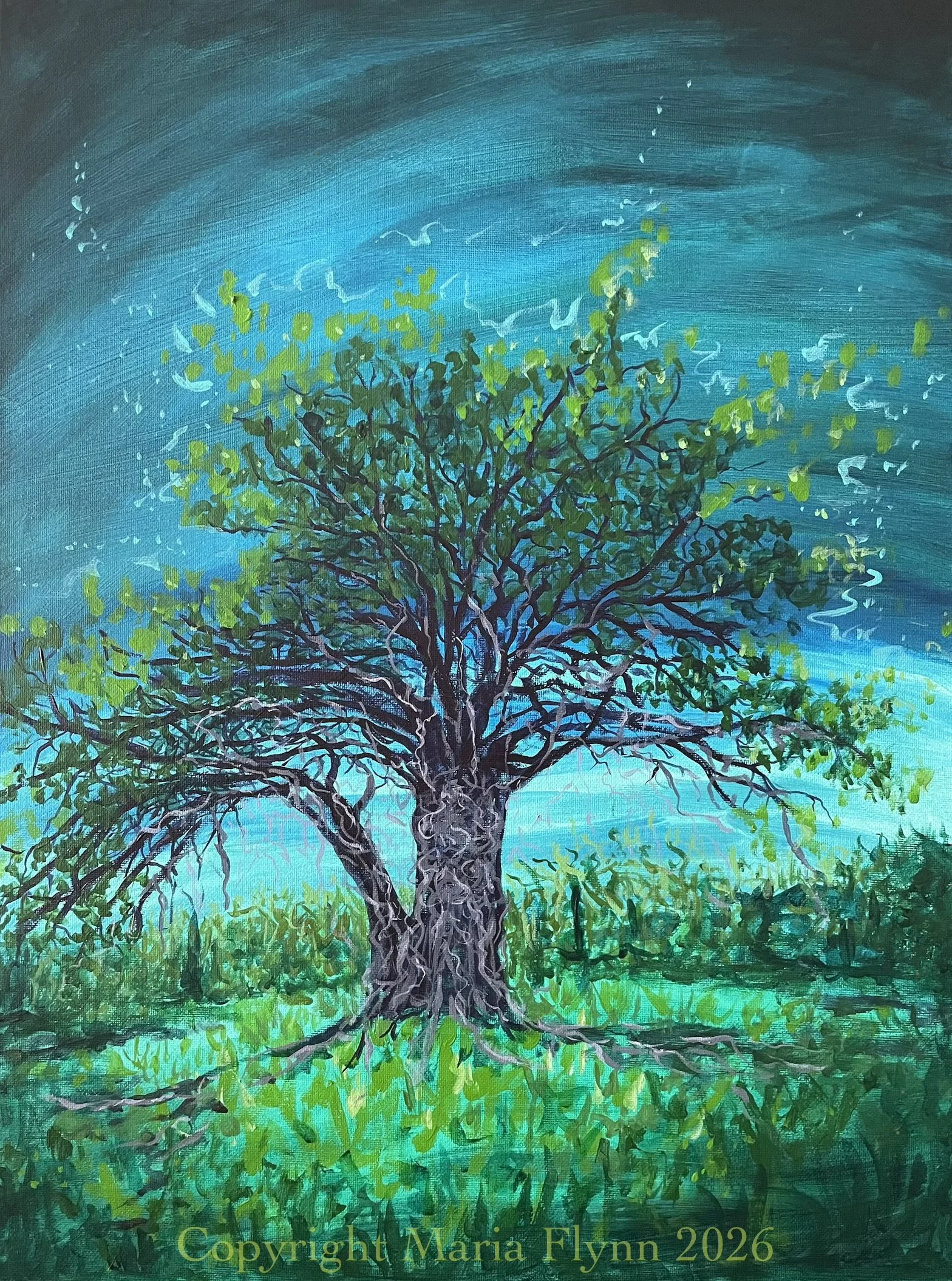 Spiorad an chrainn (tree spirit). Acrylics on a 18x24” stretched canvas.