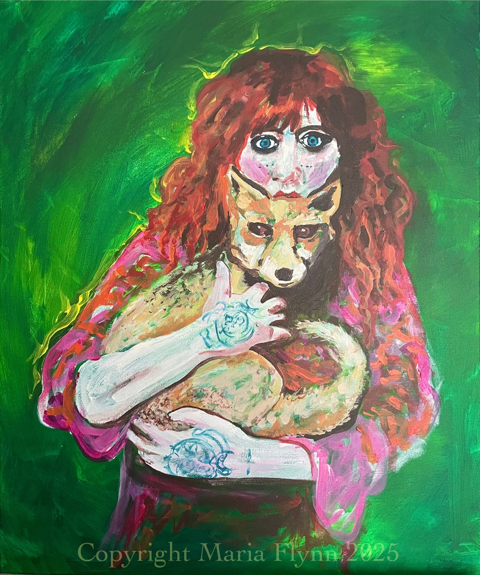 Vali Myers and foxy. Acrylics on 20x24” stretched canvas