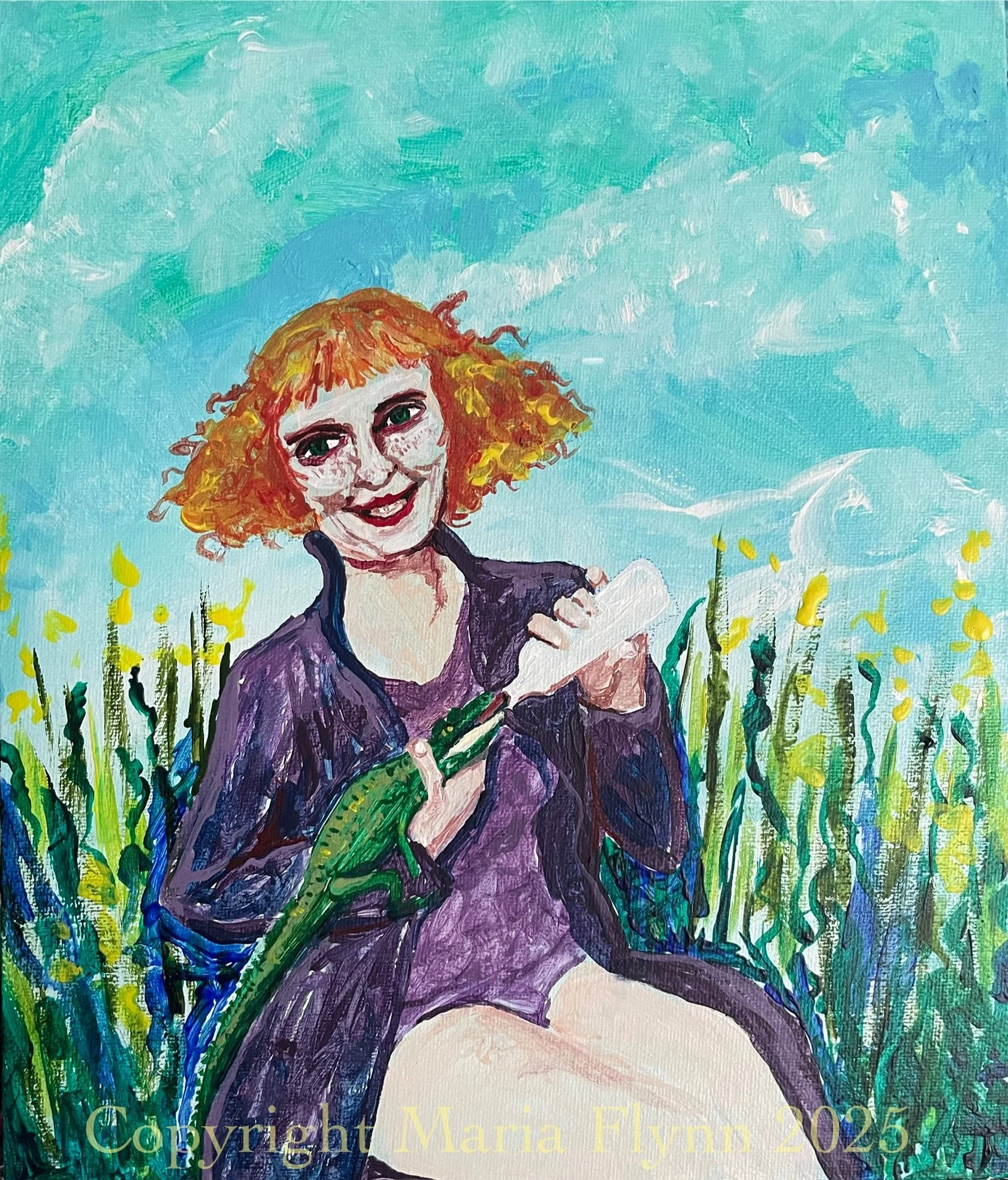 Just me and ma baby alligator Buttons. Acrylics on 10x12” canvas board.