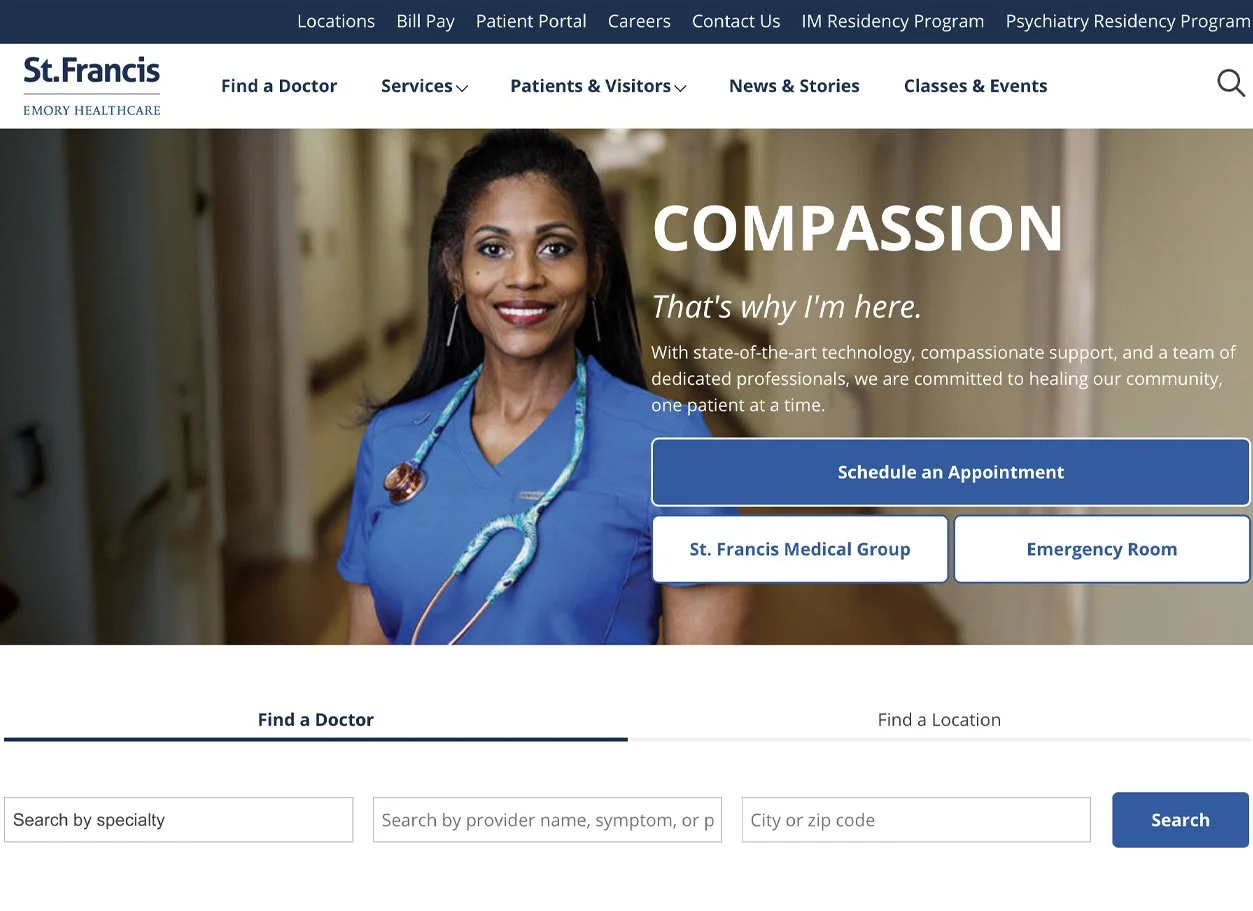 Screenshot of St. Francis Emory's homepage