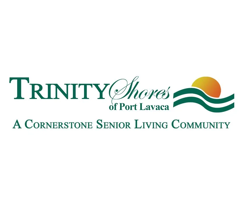 Logo for Trinity Shores of Port Lavaca, a Cornerstone Senior Living Community, featuring stylized waves and a setting sun.