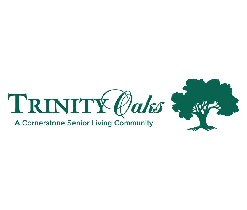 Logo for Trinity Oaks, a senior living community, featuring green text and a tree icon.