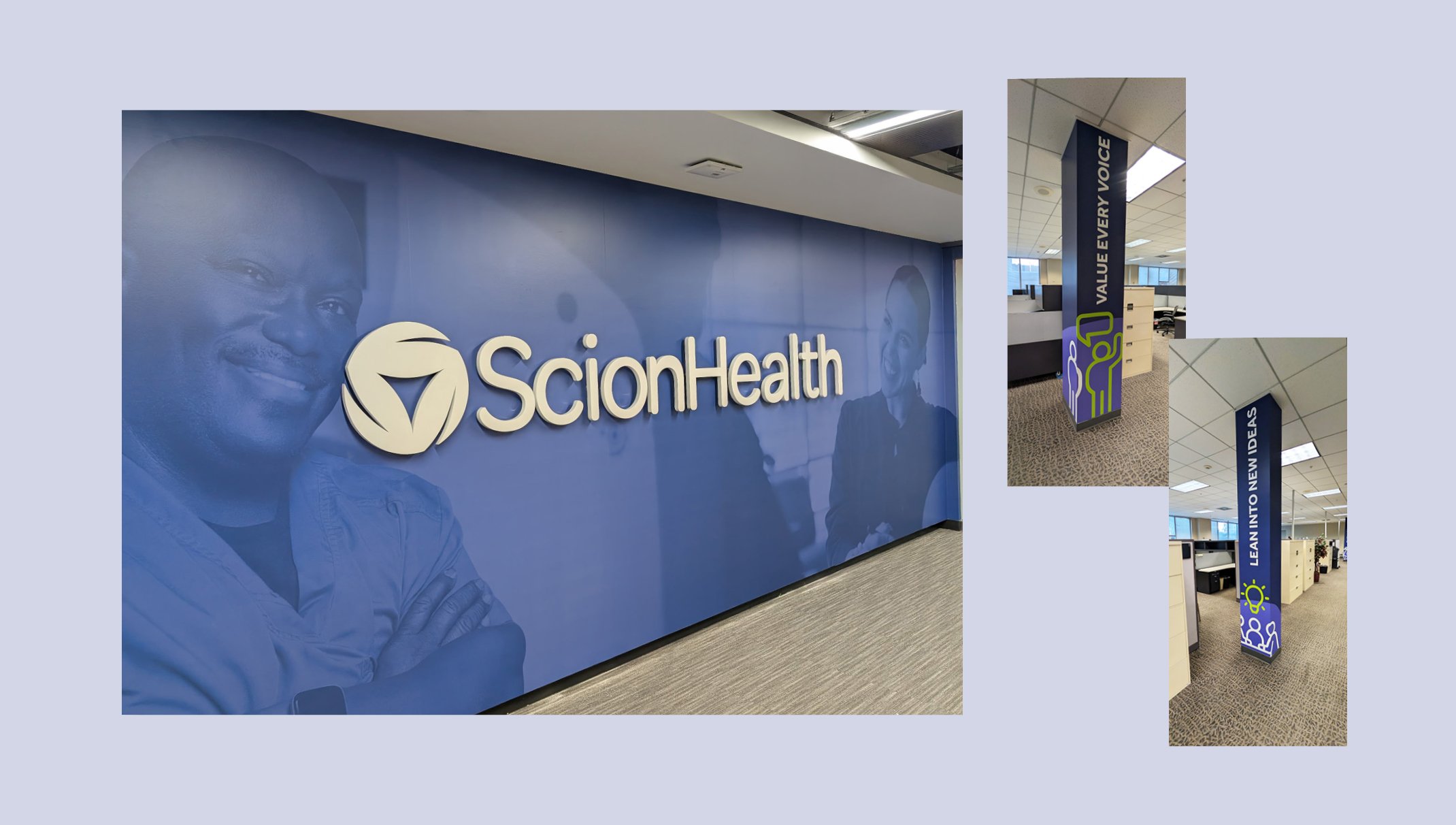 ScionHealth Entry and Values: Vinyl wrap and backlit signage. 