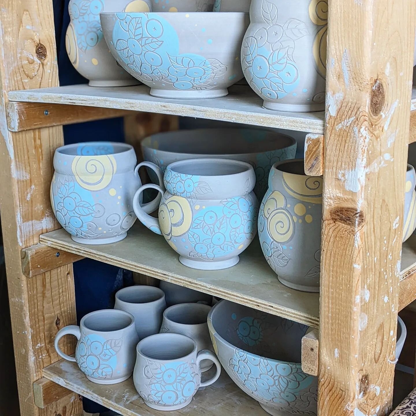 The shelves are filled up with works headed to @icehousegallerytata for Spectra, a gallery show about color which opens the same day that I'll be seeing everyone @halifaxcrafters MAY 28! My pottery will be available as the featured potter in the Ice 